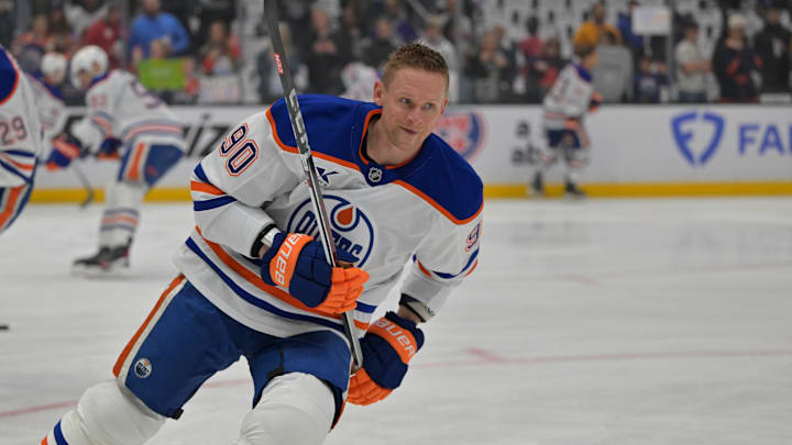 Apr 23, 2025; Los Angeles, California, USA;  Edmonton Oilers right wing Corey Perry (90) warms up for game 2 of the 2025 Stanley Cup Playoffs against the Los Angeles Kings at Crypto.com Arena. Mandatory Credit: Jayne Kamin-Oncea-Imagn Images
