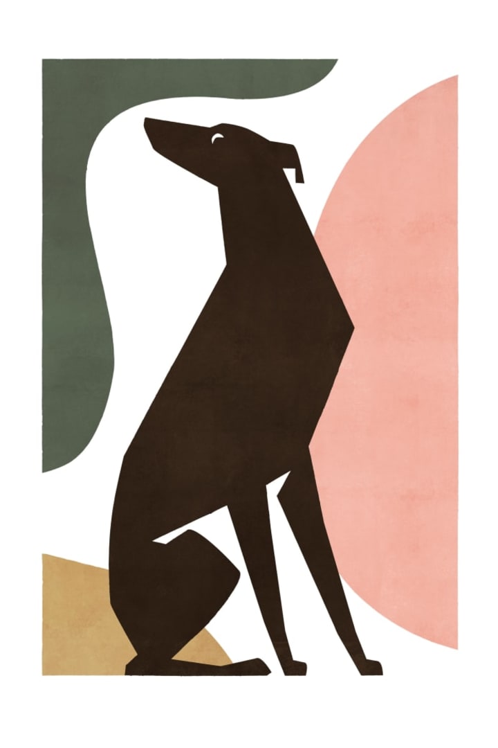 A print of a greyhound on a green, white, and pink background
