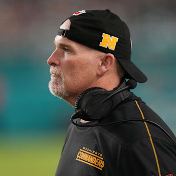 Aug 17, 2024; Miami Gardens, Florida, USA;  Washington Commanders head coach Dan Quinn along the sideline during the third quarter against the Miami Dolphins at Hard Rock Stadium. Mandatory Credit: Jim Rassol-Imagn Images