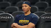 Jun 19, 2025; San Francisco, California, USA; Indiana Fever forward Makayla Timpson (21) sits on the bench before the game against the Golden State Valkyries at Chase Center. Mandatory Credit: Darren Yamashita-Imagn Images