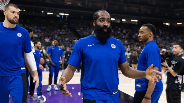 Apr 2, 2024; Sacramento, California, USA; LA Clippers guard James Harden (1) is introduced during player introductions before the game against the Sacramento Kings at Golden 1 Center. Mandatory Credit: Sergio Estrada-USA TODAY Sports