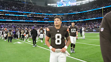 Oct 5, 2025; Tottenham, United Kingdom; Cleveland Browns quarterback Dillon Gabriel (8) walks off the field after their loss against the Minnesota Vikings in an NFL International Series game at Tottenham Hotspur Stadium. Mandatory Credit: Kirby Lee-Imagn Images