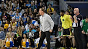 Jan 30, 2025; Los Angeles, California, USA; Oregon Ducks head coach Dana Altman reacts from the sidelines during the first half against the UCLA Bruins at Pauley Pavilion presented by Wescom. Mandatory Credit: Alex Gallardo-Imagn Images