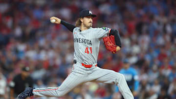 Sep 26, 2025; Philadelphia, Pennsylvania, USA; Minnesota Twins pitcher Joe Ryan (41) throws a pitch during the first inning against the Philadelphia Phillies at Citizens Bank Park. Mandatory Credit: Bill Streicher-Imagn Images