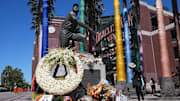 Jun 26, 2024; San Francisco, California, USA; Flowers are laid at the statue of San Francisco Giants former center fielder Willie Mays before the game against the Chicago Cubs at Oracle Park. Mandatory Credit: Darren Yamashita-Imagn Images