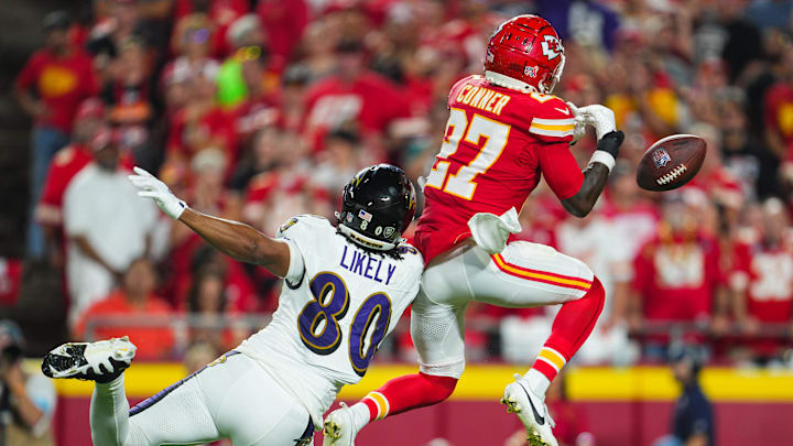 Sep 5, 2024; Kansas City, Missouri, USA; Kansas City Chiefs safety Chamarri Conner (27) breaks up a pass intended for Baltimore Ravens tight end Isaiah Likely (80) during the second half at GEHA Field at Arrowhead Stadium. Mandatory Credit: Jay Biggerstaff-Imagn Images