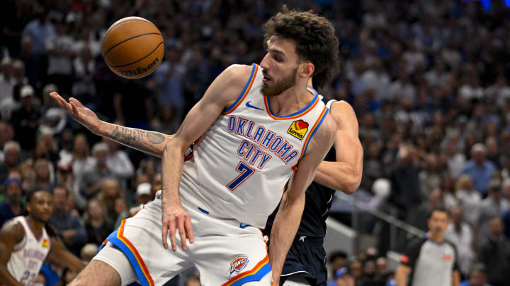 May 13, 2024; Dallas, Texas, USA; Oklahoma City Thunder forward Chet Holmgren (7) looks for the rebound against the Dallas Mavericks during the second half in game four of the second round for the 2024 NBA playoffs at American Airlines Center. Mandatory Credit: Jerome Miron-USA TODAY Sports