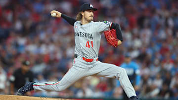 Sep 26, 2025; Philadelphia, Pennsylvania, USA; Minnesota Twins pitcher Joe Ryan (41) throws a pitch during the first inning against the Philadelphia Phillies at Citizens Bank Park. Mandatory Credit: Bill Streicher-Imagn Images