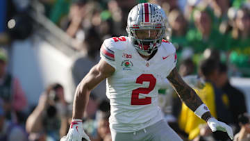 Jan 1, 2025; Pasadena, CA, USA; Ohio State Buckeyes wide receiver Emeka Egbuka (2) celebrates after scoring a touchdown against the Oregon Ducks in the first quarter during the 2025 Rose Bowl college football quarterfinal game at Rose Bowl Stadium. Mandatory Credit: Kirby Lee-Imagn Images