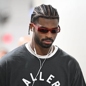 Oct 12, 2025; Pittsburgh, Pennsylvania, USA; Cleveland Browns quarterback Shedeur Sanders (12) arrives for a game against the Pittsburgh Steelers at Acrisure Stadium. Mandatory Credit: Barry Reeger-Imagn Images
