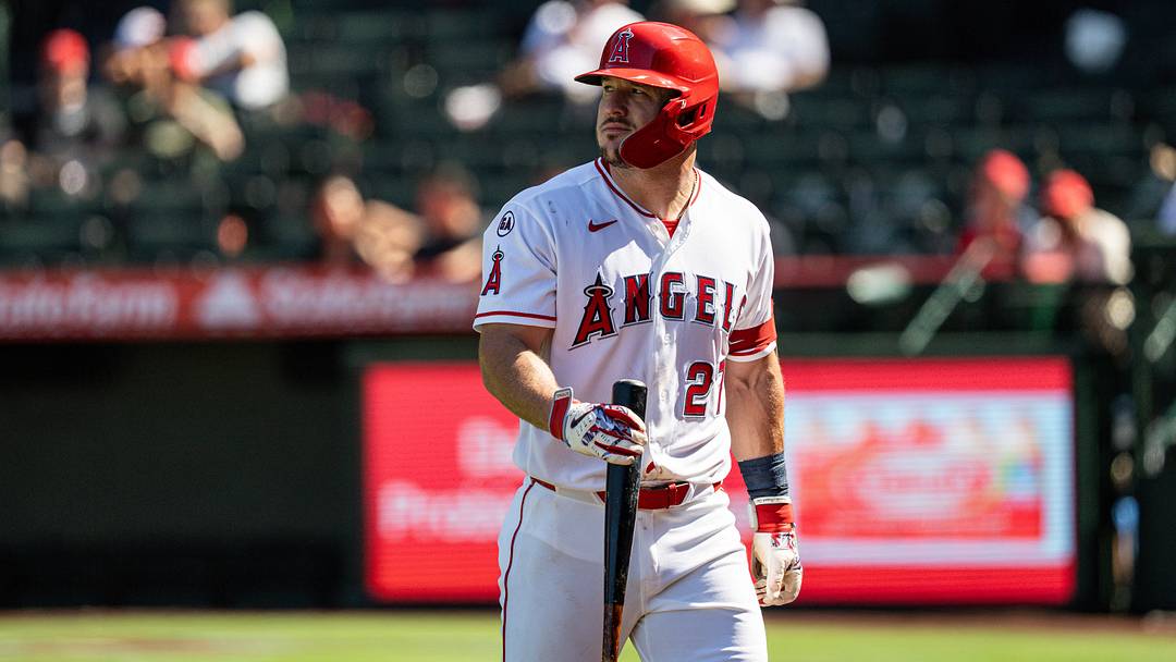 Aug 26, 2026; Anaheim, California, USA;  Los Angeles Angels center fielder Mike Trout (27) returns to the dugout after striking out in the eighth inning against the Cleveland Guardians at Angel Stadium.  Mandatory Credit: Jon Endow-Imagn Images