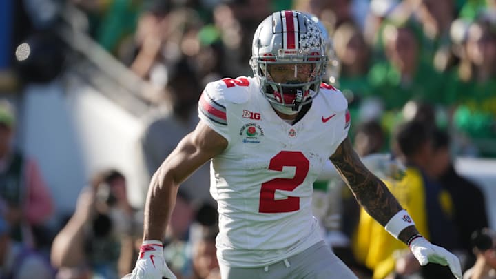 Jan 1, 2025; Pasadena, CA, USA; Ohio State Buckeyes wide receiver Emeka Egbuka (2) celebrates after scoring a touchdown against the Oregon Ducks in the first quarter during the 2025 Rose Bowl college football quarterfinal game at Rose Bowl Stadium. Mandatory Credit: Kirby Lee-Imagn Images Jan 1, 2025; Pasadena, CA, USA; Ohio State Buckeyes wide receiver Emeka Egbuka (2) celebrates after scoring a touchdown against the Oregon Ducks in the first quarter during the 2025 Rose Bowl college football quarterfinal game at Rose Bowl Stadium. Mandatory Credit: Kirby Lee-Imagn Images