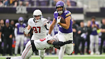 Aug 26, 2023; Minneapolis, Minnesota, USA; Minnesota Vikings tight end Nick Muse (34) runs the ball