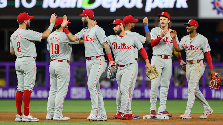 Sep 6, 2024; Miami, Florida, USA; Philadelphia Phillies players celebrate after the game against the Miami Marlins at loanDepot Park