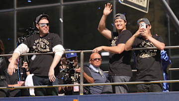 Nov 3, 2025: Dodgers first baseman Freddie Freeman, Shohei Ohtani, and Yoshinobu Yamamoto (18) during the World Series championship parade.