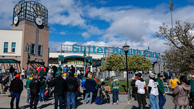 Fans outside Sutter Health Park’s entrance ahead of A’s 2025 home opener.