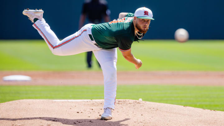 May 23, 2024; Charlotte, NC, USA; Miami (FL) Hurricanes pitcher Gage Ziehl (31) pitches against the Clemson Tigers during the ACC Baseball Tournament at Truist Field. Mandatory Credit: Scott Kinser-USA TODAY Sports