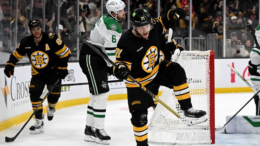 Mar 31, 2026; Boston, Massachusetts, USA; Boston Bruins left wing Viktor Arvidsson (71) reacts after scoring a goal against the Dallas Stars during the first period at the TD Garden. Mandatory Credit: Brian Fluharty-Imagn Images