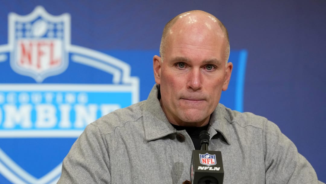 Feb 24, 2026; Indianapolis, IN, USA; Baltimore Ravens general manager Eric DeCosta speaks at the NFL Scouting Combine at the Indiana Convention Center. Mandatory Credit: Kirby Lee-Imagn Images