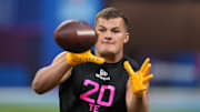 LSU tight end Mason Taylor (TE20) during the 2025 NFL Scouting Combine at Lucas Oil Stadium. 