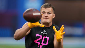LSU tight end Mason Taylor (TE20) during the 2025 NFL Scouting Combine at Lucas Oil Stadium. 