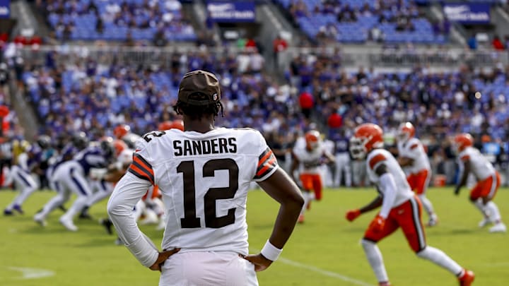 Sep 14, 2025; Baltimore, Maryland, USA; Cleveland Browns quarterback Shedeur Sanders (12) after the game against the Baltimore Ravens at M&T Bank Stadium. Mandatory Credit: Peter Casey-Imagn Images