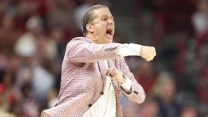 Mar 4, 2026; Fayetteville, Arkansas, USA; Arkansas Razorbacks head coach John Calipari during the second half against the Texas Longhorns at Bud Walton Arena. Arkansas won 105-85. 