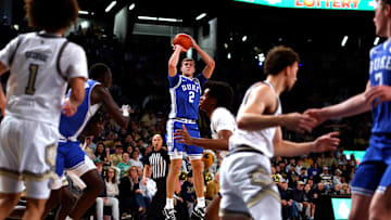 Duke's Cooper Flagg lines up an open jump shot.