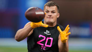 Feb 28, 2025; Indianapolis, IN, USA; LSU tight end Mason Taylor (TE20) during the 2025 NFL Scouting Combine at Lucas Oil Stadium. Mandatory Credit: Kirby Lee-Imagn Images
