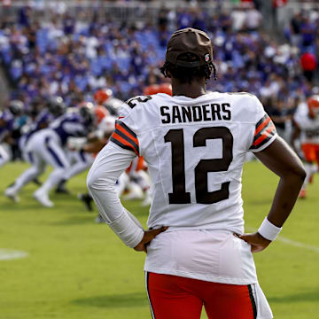 Sep 14, 2025; Baltimore, Maryland, USA; Cleveland Browns quarterback Shedeur Sanders (12) after the game against the Baltimore Ravens at M&T Bank Stadium. Mandatory Credit: Peter Casey-Imagn Images