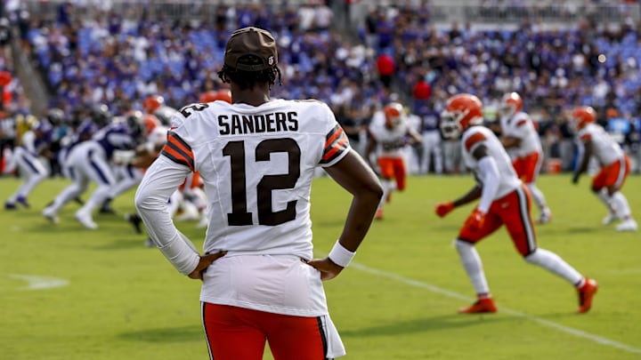 Sep 14, 2025; Baltimore, Maryland, USA; Cleveland Browns quarterback Shedeur Sanders (12) after the game against the Baltimore Ravens at M&T Bank Stadium. Mandatory Credit: Peter Casey-Imagn Images