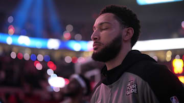 Jan 14, 2025; Portland, Oregon, USA; Brooklyn Nets point guard Ben Simmons (10) stands for the National Anthem before the game against the Portland Trail Blazers at Moda Center. Mandatory Credit: Soobum Im-Imagn Images
