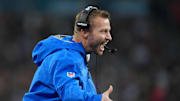 Oct 19, 2025; London, United Kingdom; Los Angeles Rams head coach Sean McVay reacts after a play against the Jacksonville Jaguars during the second half of an NFL International Series game at Wembley Stadium. Mandatory Credit: Kirby Lee-Imagn Images