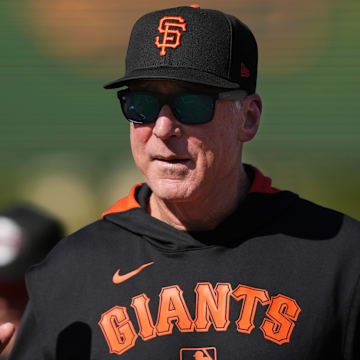 Jul 5, 2025; West Sacramento, California, USA; San Francisco Giants manager Bob Melvin (6) before the game against the Athletics at Sutter Health Park. Mandatory Credit: Darren Yamashita-Imagn Images