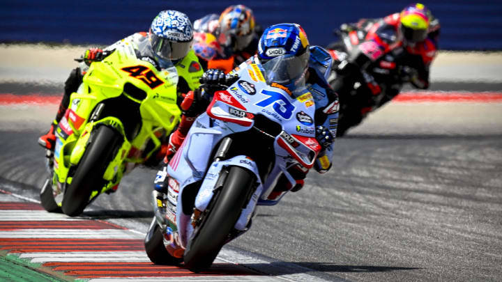 Apr 14, 2024; Austin, TX, USA; Alex Marquez (73) of Spain and Gresini Racing MotoGP and Fabio di Giannantonio (49) of Italy and Pertamina Enduro VR46 rides during the MotoGP Grand Prix of The Americas at Circuit of The Americas. Mandatory Credit: Jerome Miron-USA TODAY Sports