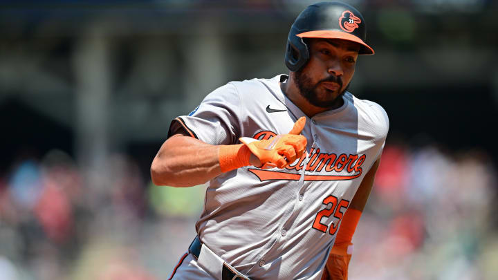 Aug 4, 2024; Cleveland, Ohio, USA; Baltimore Orioles right fielder Anthony Santander (25) runs home to score a run during the third inning against the Cleveland Guardians at Progressive Field.