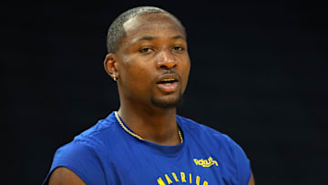 Dec 15, 2024; San Francisco, California, USA; Golden State Warriors forward Jonathan Kuminga (00) before the game against the Dallas Mavericks at Chase Center. Mandatory Credit: Darren Yamashita-Imagn Images