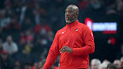 Apr 6, 2025; Portland, Oregon, USA; Portland Trail Blazers head coach Chauncey Billups watches from the sideline during the first half against the San Antonio Spurs at Moda Center. Mandatory Credit: Soobum Im-Imagn Images