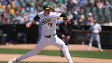 Jun 9, 2024; Oakland, California, USA; Oakland Athletics relief pitcher Mason Miller (19) throws a pitch against the Toronto Blue Jays during the ninth inning at Oakland-Alameda County Coliseum. Mandatory Credit: Darren Yamashita-USA TODAY Sports