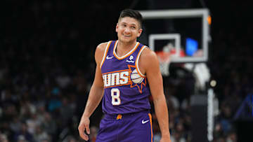 Mar 7, 2024; Phoenix, Arizona, USA; Phoenix Suns guard Grayson Allen (8) reacts against the Toronto Raptors during the first half at Footprint Center. Mandatory Credit: Joe Camporeale-Imagn Images