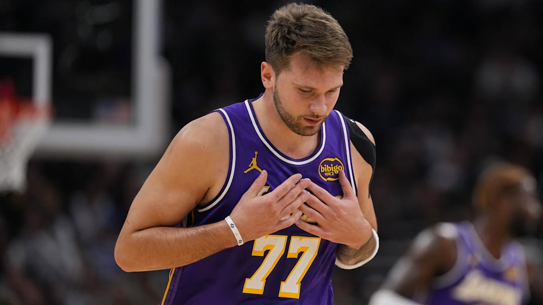 Nov 15, 2025; Milwaukee, Wisconsin, USA; Los Angeles Lakers guard Luka Doncic (77) reacts after scoring a basket during the first quarter against the Milwaukee Bucks at Fiserv Forum. Mandatory Credit: Jeff Hanisch-Imagn Images Nov 15, 2025; Milwaukee, Wisconsin, USA; Los Angeles Lakers guard Luka Doncic (77) reacts after scoring a basket during the first quarter against the Milwaukee Bucks at Fiserv Forum. Mandatory Credit: Jeff Hanisch-Imagn Images