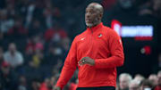 Apr 6, 2025; Portland, Oregon, USA: Portland Trail Blazers head coach Chauncey Billups watches from the sideline during the first half against the San Antonio Spurs at Moda Center. Mandatory Credit: Soobum Im-Imagn Images