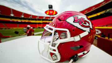 Aug 22, 2024; Kansas City, Missouri, USA; A detailed view of a Kansas City Chiefs helmet prior to a game against the Chicago Bears at GEHA Field at Arrowhead Stadium. Mandatory Credit: Jay Biggerstaff-Imagn Images
