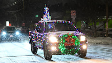 A car decorated for Christmas