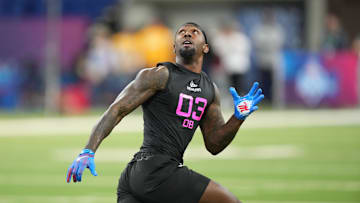 Mississippi defensive back Trey Amos participates in drills during the NFL Combine at Lucas Oil Stadium.