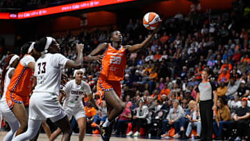 Sep 10, 2025; Uncasville, Connecticut, USA; Connecticut Sun guard Mamignan Toure (28) shoots a layup against the Atlanta Dream during the second half at Mohegan Sun Arena. 