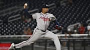 Sep 15, 2025; Washington, District of Columbia, USA; Atlanta Braves relief pitcher Alexis Diaz (48) throws to the Washington Nationals during the ninth inning at Nationals Park. Mandatory Credit: Brad Mills-Imagn Images