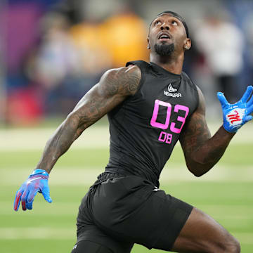 Mississippi defensive back Trey Amos participates in drills during the 2025 NFL Combine at Lucas Oil Stadium.