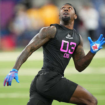 Feb 28, 2025; Indianapolis, IN, USA;  Mississippi defensive back Trey Amos (DB03) participates in drills during the 2025 NFL Combine at Lucas Oil Stadium. Mandatory Credit: Kirby Lee-Imagn Images