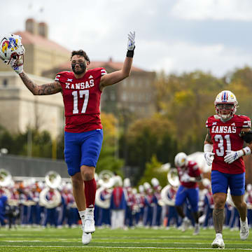Nov 1, 2025; Lawrence, Kansas, USA; Kansas Jayhawks tight end Jaden Hamm (17) takes the field prior to a game against the Oklahoma State Cowboys at David Booth Kansas Memorial Stadium. Mandatory Credit: Jay Biggerstaff-Imagn Images